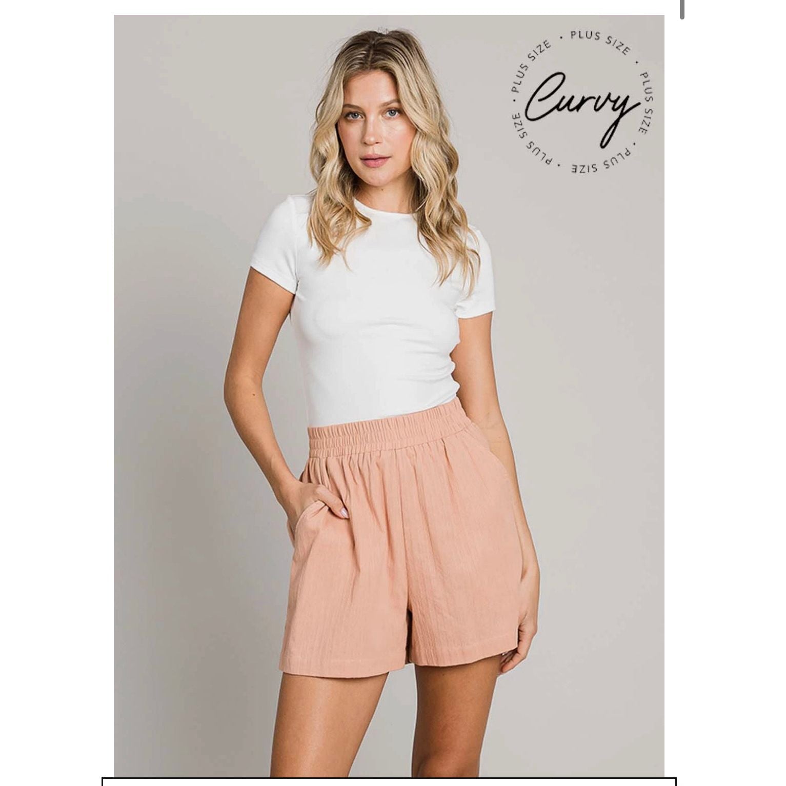 Casual Shorts with pockets available in sizes 1X-3X; 81% Polyester, 19% Viscose.  Cantaloupe