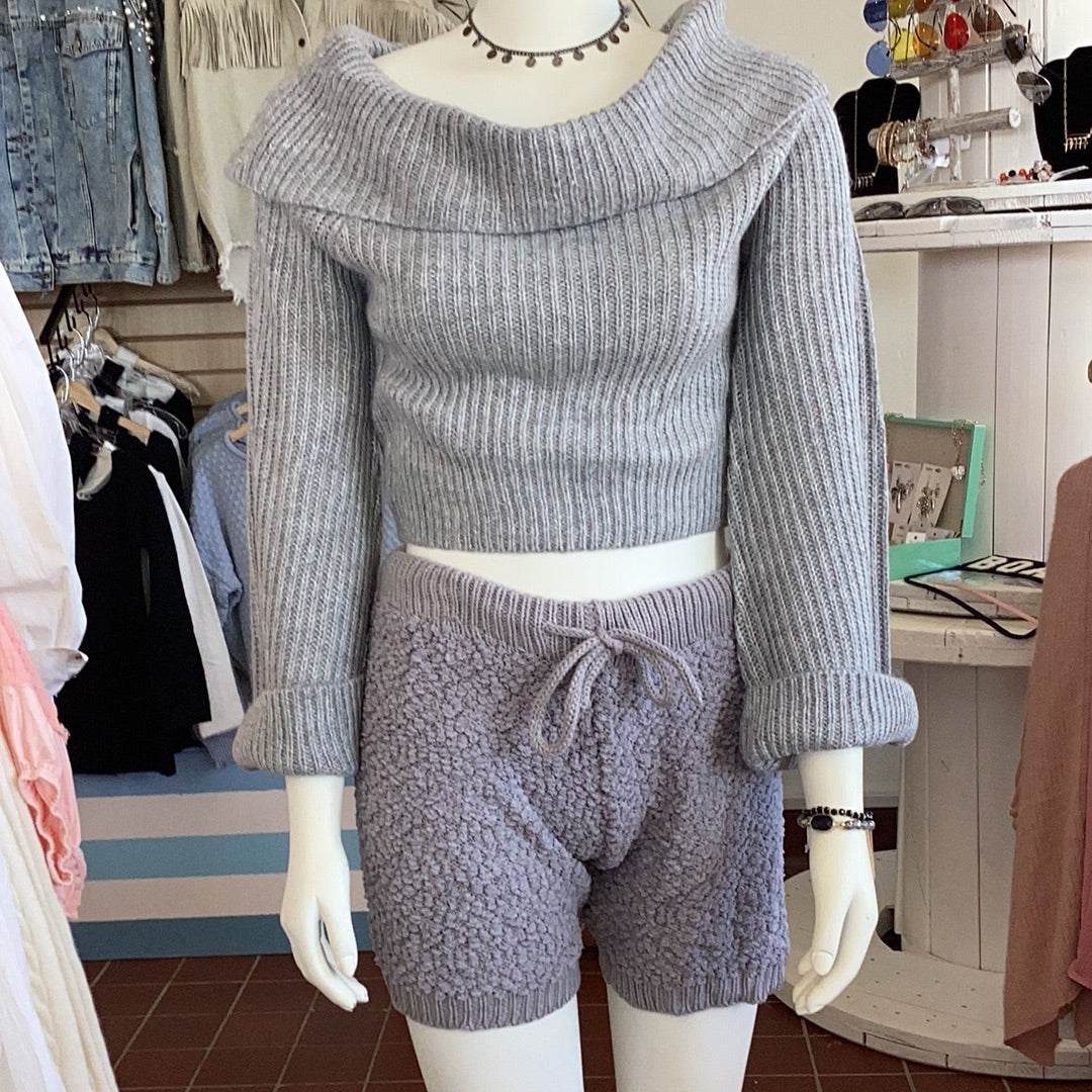 Cozy Sherpa lounge shorts, Small, Medium and Large available. Gray. 80% Polyester, 20% Acrylic