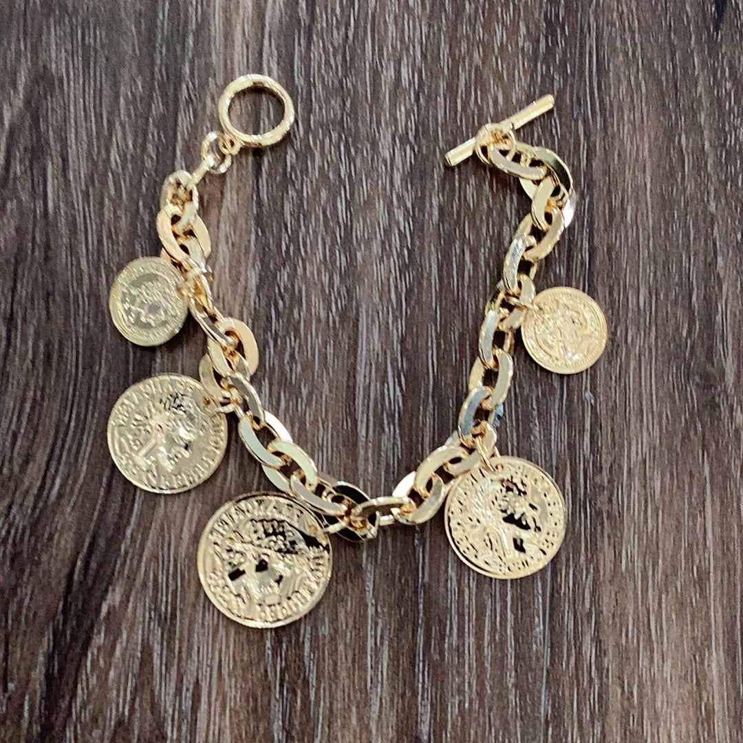 Brass 5 coin bracelet gold links