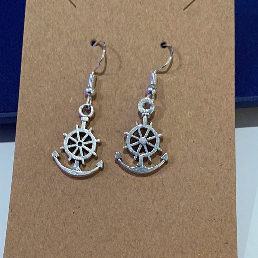 Handcrafted Small Anchor Earrings with Ship Wheel; Dangle